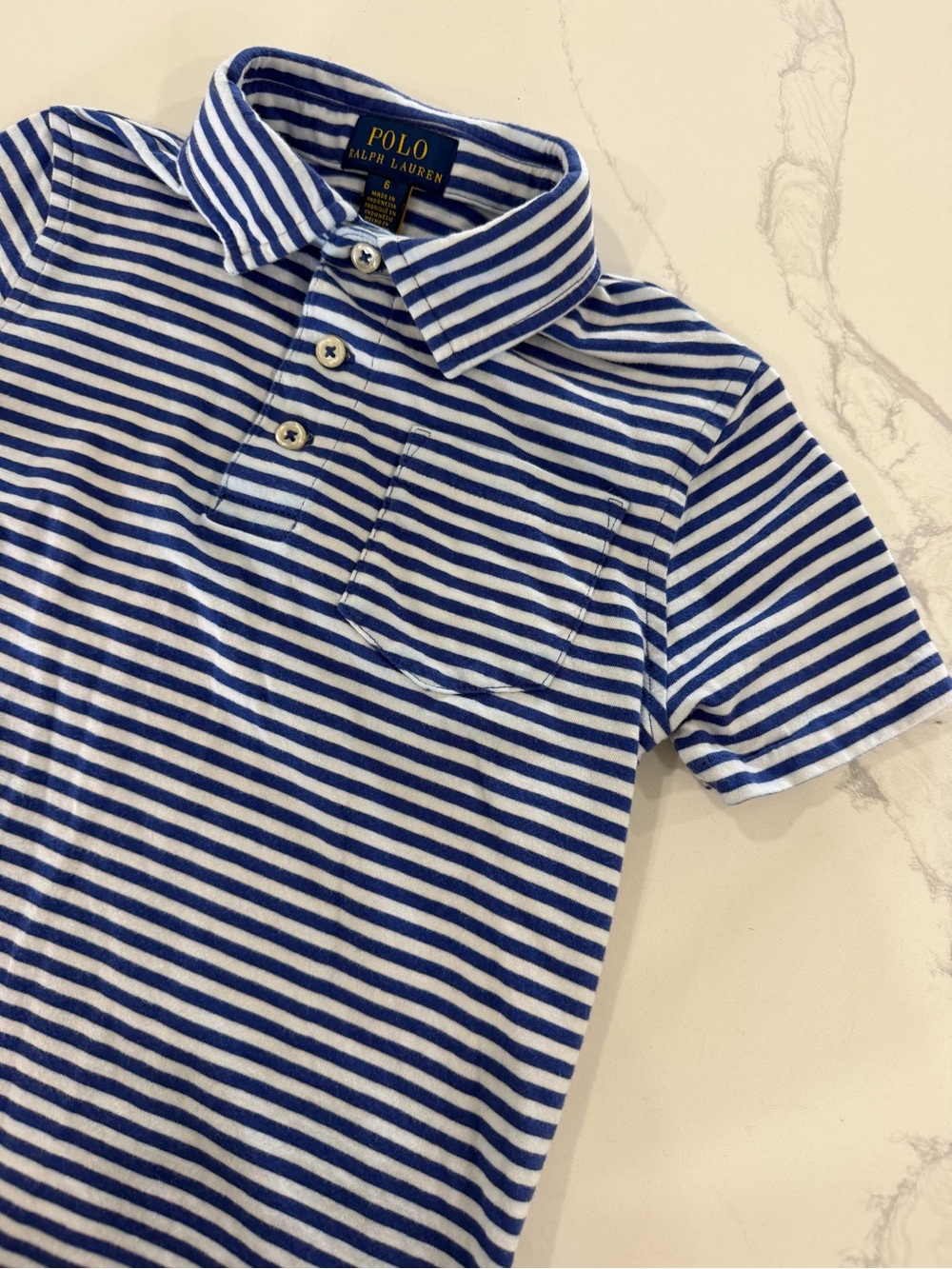 Polo Ralph Lauren Boys Size 6 Blue White Striped Pocket Polo Shirt Orange Pony